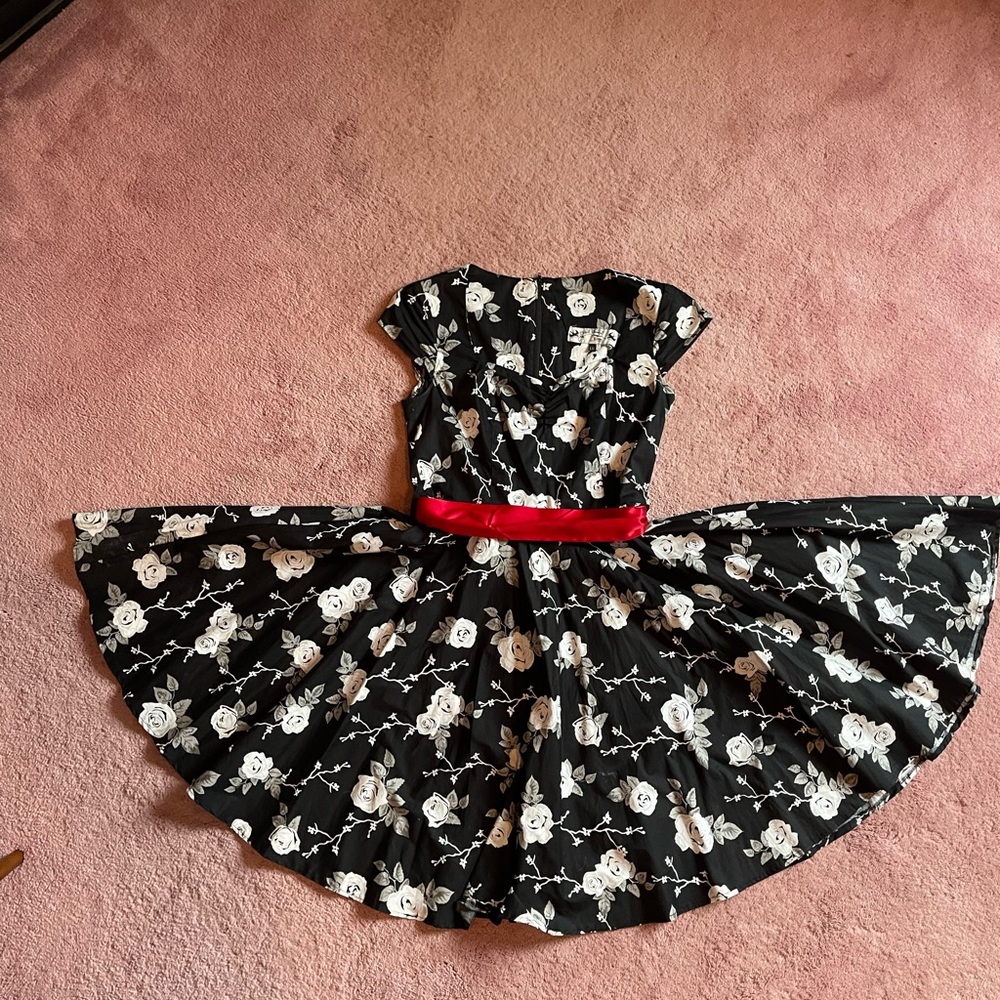 Floral Black Dress with Red Belt